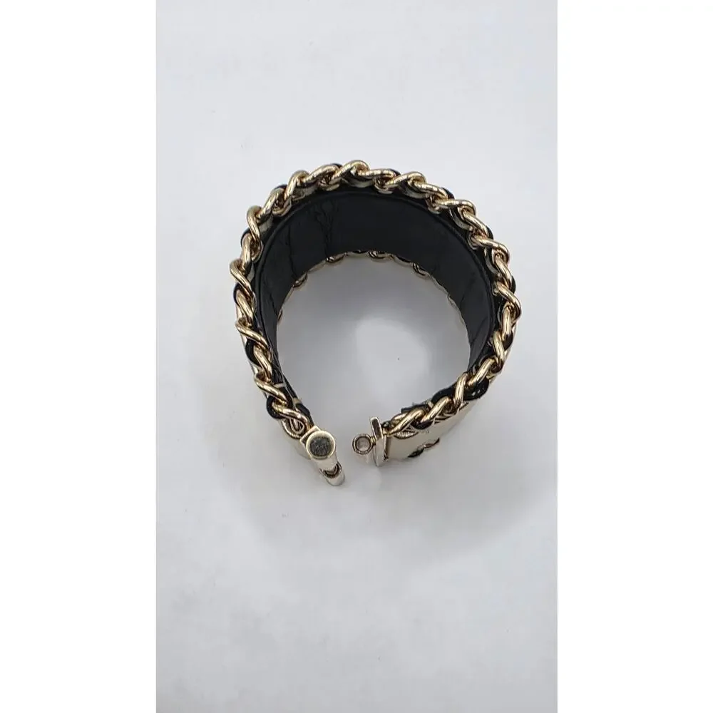 Chanel Gold-tone Leather Interlocking CC Wide Bracelet